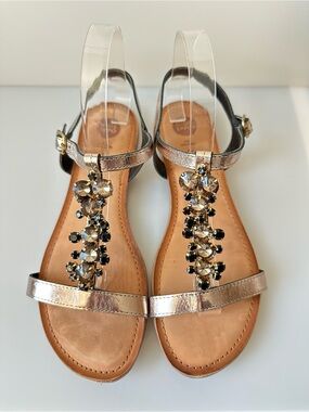 Gioseppo Metallic Leather Jeweled Sandals Crystal Embellished Ankle Strap